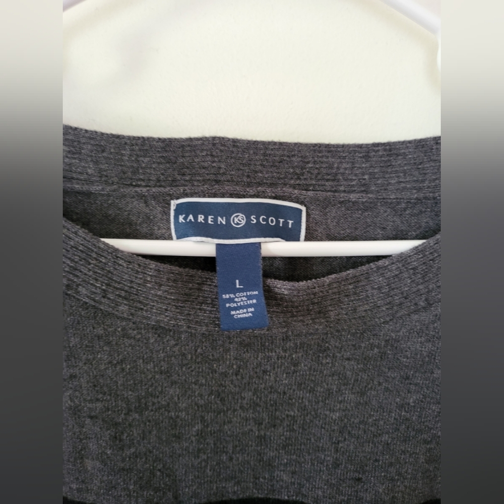 Karen Scott Black and Dark gray striped Boat neck ¾ sleeve Sweater. Misses L - Picture 3 of 6